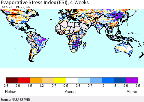 World Evaporative Stress Index (ESI), 4-Weeks Thematic Map For 10/18/2021 - 10/24/2021