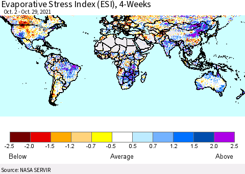 World Evaporative Stress Index (ESI), 4-Weeks Thematic Map For 10/25/2021 - 10/31/2021