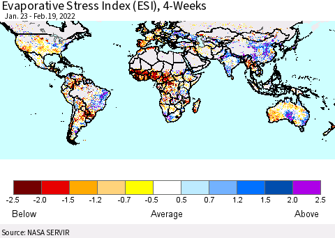 World Evaporative Stress Index (ESI), 4-Weeks Thematic Map For 2/14/2022 - 2/20/2022