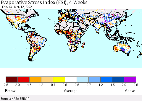 World Evaporative Stress Index (ESI), 4-Weeks Thematic Map For 3/7/2022 - 3/13/2022