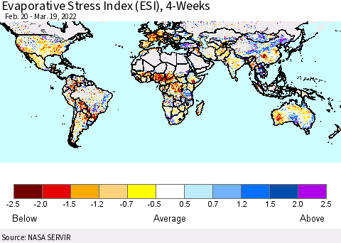 World Evaporative Stress Index (ESI), 4-Weeks Thematic Map For 3/14/2022 - 3/20/2022