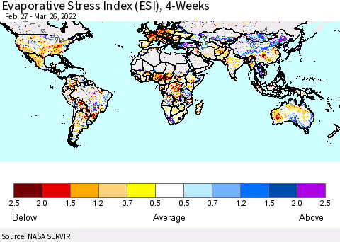 World Evaporative Stress Index (ESI), 4-Weeks Thematic Map For 3/21/2022 - 3/27/2022