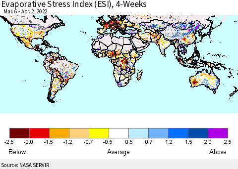 World Evaporative Stress Index (ESI), 4-Weeks Thematic Map For 3/28/2022 - 4/3/2022