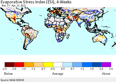 World Evaporative Stress Index (ESI), 4-Weeks Thematic Map For 4/18/2022 - 4/24/2022