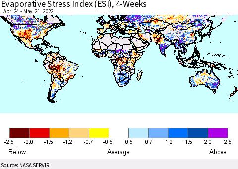 World Evaporative Stress Index (ESI), 4-Weeks Thematic Map For 5/16/2022 - 5/22/2022