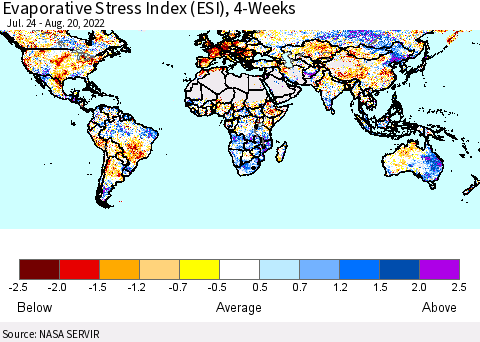 World Evaporative Stress Index (ESI), 4-Weeks Thematic Map For 8/15/2022 - 8/21/2022
