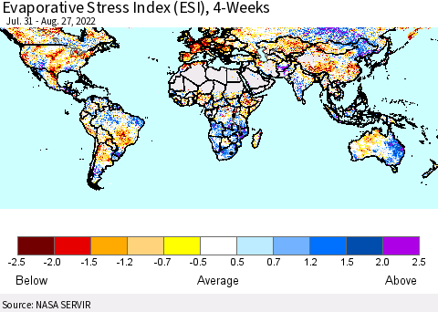 World Evaporative Stress Index (ESI), 4-Weeks Thematic Map For 8/22/2022 - 8/28/2022
