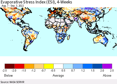 World Evaporative Stress Index (ESI), 4-Weeks Thematic Map For 8/29/2022 - 9/4/2022