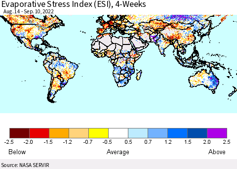 World Evaporative Stress Index (ESI), 4-Weeks Thematic Map For 9/5/2022 - 9/11/2022