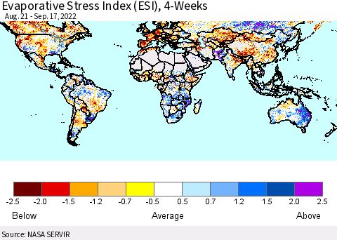World Evaporative Stress Index (ESI), 4-Weeks Thematic Map For 9/12/2022 - 9/18/2022