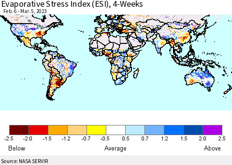 World Evaporative Stress Index (ESI), 4-Weeks Thematic Map For 2/27/2023 - 3/5/2023