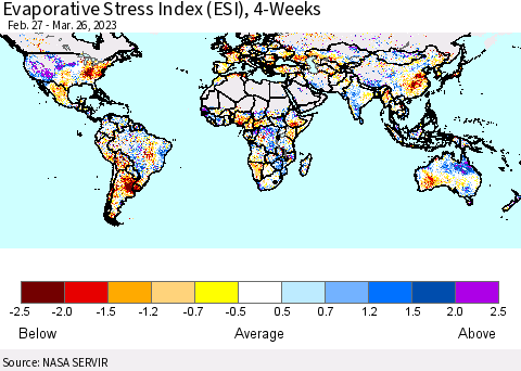 World Evaporative Stress Index (ESI), 4-Weeks Thematic Map For 3/20/2023 - 3/26/2023