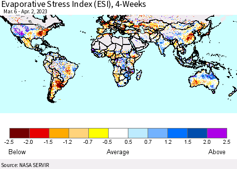 World Evaporative Stress Index (ESI), 4-Weeks Thematic Map For 3/27/2023 - 4/2/2023