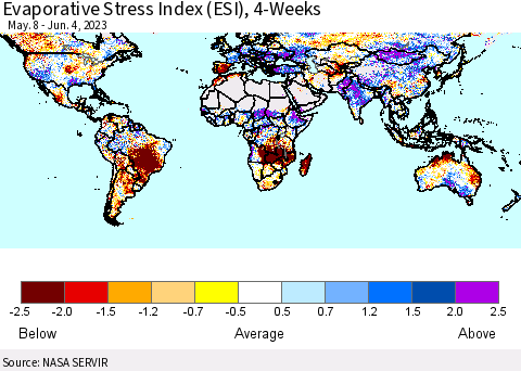 World Evaporative Stress Index (ESI), 4-Weeks Thematic Map For 5/29/2023 - 6/4/2023