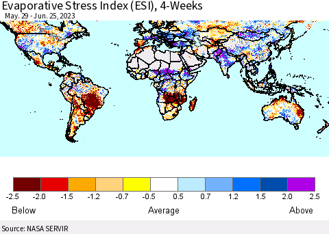 World Evaporative Stress Index (ESI), 4-Weeks Thematic Map For 6/19/2023 - 6/25/2023