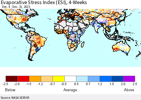 World Evaporative Stress Index (ESI), 4-Weeks Thematic Map For 12/25/2023 - 12/31/2023