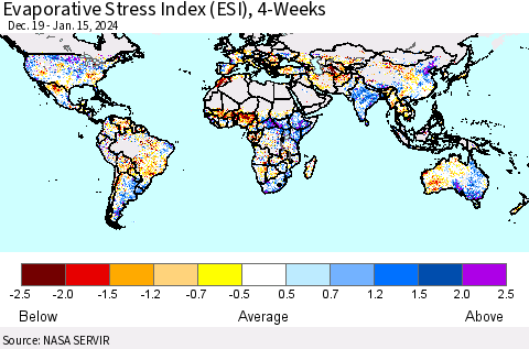 World Evaporative Stress Index (ESI), 4-Weeks Thematic Map For 1/15/2024 - 1/21/2024