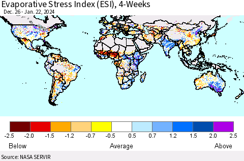 World Evaporative Stress Index (ESI), 4-Weeks Thematic Map For 1/22/2024 - 1/28/2024