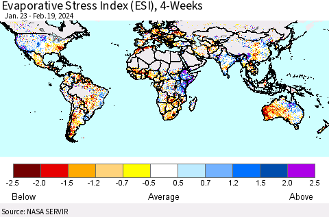 World Evaporative Stress Index (ESI), 4-Weeks Thematic Map For 2/19/2024 - 2/25/2024