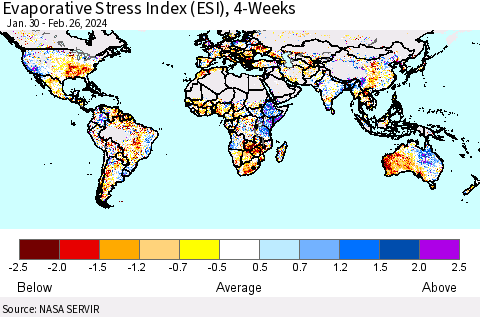 World Evaporative Stress Index (ESI), 4-Weeks Thematic Map For 2/26/2024 - 3/3/2024