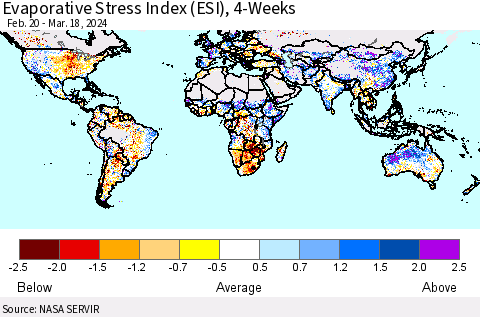 World Evaporative Stress Index (ESI), 4-Weeks Thematic Map For 3/18/2024 - 3/24/2024