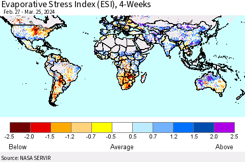 World Evaporative Stress Index (ESI), 4-Weeks Thematic Map For 3/25/2024 - 3/31/2024