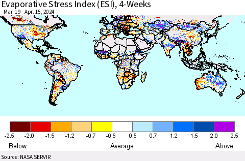 World Evaporative Stress Index (ESI), 4-Weeks Thematic Map For 4/15/2024 - 4/21/2024