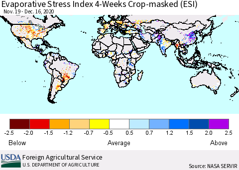 World Evaporative Stress Index (ESI), 4-Weeks over Croplands Thematic Map For 12/14/2020 - 12/20/2020