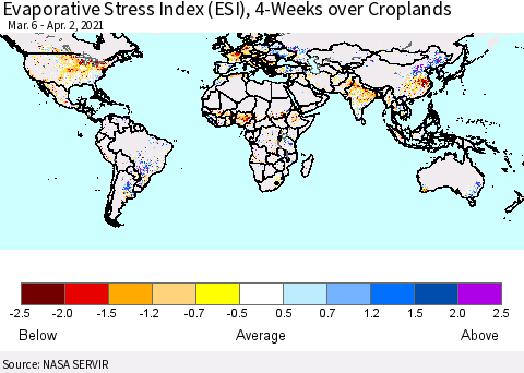 World Evaporative Stress Index (ESI), 4-Weeks over Croplands Thematic Map For 3/29/2021 - 4/4/2021