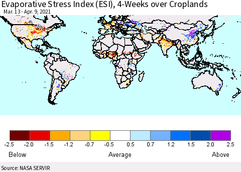 World Evaporative Stress Index (ESI), 4-Weeks over Croplands Thematic Map For 4/5/2021 - 4/11/2021