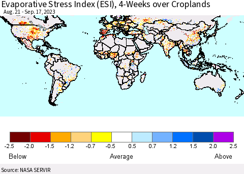 World Evaporative Stress Index (ESI), 4-Weeks over Croplands Thematic Map For 9/11/2023 - 9/17/2023