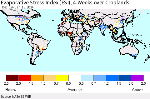 World Evaporative Stress Index (ESI), 4-Weeks over Croplands Thematic Map For 1/15/2024 - 1/21/2024