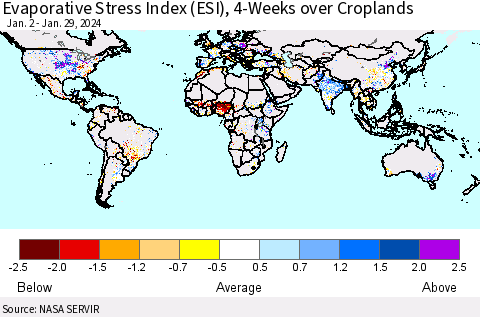 World Evaporative Stress Index (ESI), 4-Weeks over Croplands Thematic Map For 1/29/2024 - 2/4/2024