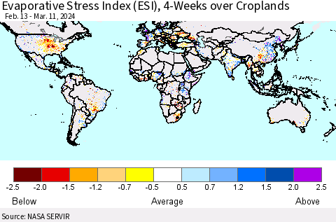 World Evaporative Stress Index (ESI), 4-Weeks over Croplands Thematic Map For 3/11/2024 - 3/17/2024