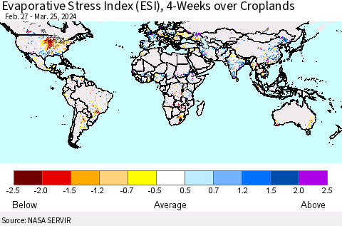 World Evaporative Stress Index (ESI), 4-Weeks over Croplands Thematic Map For 3/25/2024 - 3/31/2024