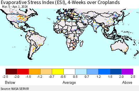 World Evaporative Stress Index (ESI), 4-Weeks over Croplands Thematic Map For 4/1/2024 - 4/7/2024