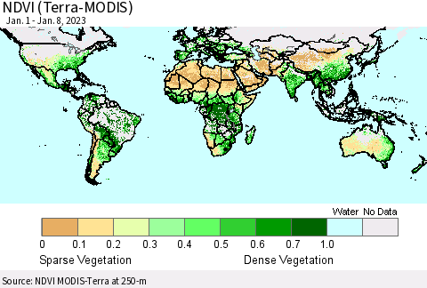 World NDVI (Terra-MODIS) Thematic Map For 1/1/2023 - 1/8/2023