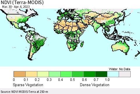 World NDVI (Terra-MODIS) Thematic Map For 3/30/2023 - 4/6/2023