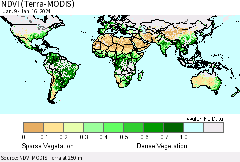 World NDVI (Terra-MODIS) Thematic Map For 1/9/2024 - 1/16/2024