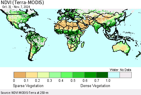 World NDVI (Terra-MODIS) Thematic Map For 10/31/2024 - 11/7/2024