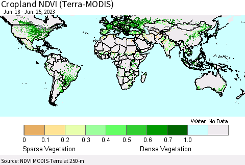 World Cropland NDVI (Terra-MODIS) Thematic Map For 6/18/2023 - 6/25/2023