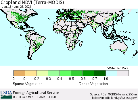 World Cropland NDVI (Terra-MODIS) Thematic Map For 6/21/2023 - 6/30/2023