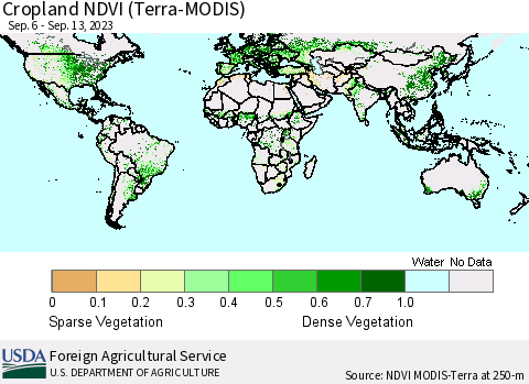World Cropland NDVI (Terra-MODIS) Thematic Map For 9/11/2023 - 9/20/2023