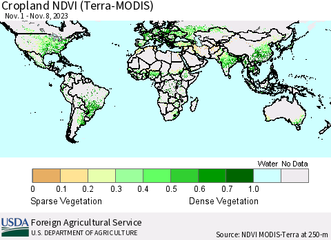World Cropland NDVI (Terra-MODIS) Thematic Map For 11/1/2023 - 11/10/2023