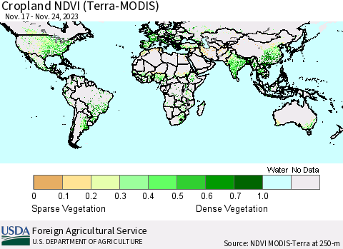 World Cropland NDVI (Terra-MODIS) Thematic Map For 11/21/2023 - 11/30/2023