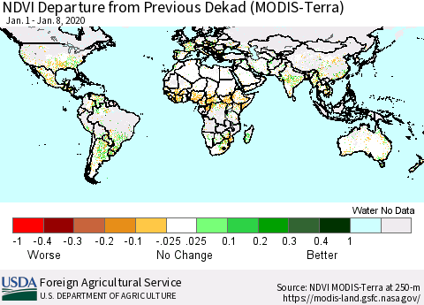 World NDVI Departure from Previous Dekad (Terra-MODIS) Thematic Map For 1/1/2020 - 1/10/2020