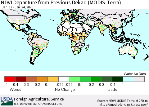 World NDVI Departure from Previous Dekad (Terra-MODIS) Thematic Map For 1/21/2020 - 1/31/2020