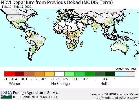 World NDVI Departure from Previous Dekad (Terra-MODIS) Thematic Map For 2/11/2020 - 2/20/2020