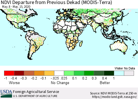 World NDVI Departure from Previous Dekad (Terra-MODIS) Thematic Map For 5/11/2020 - 5/20/2020