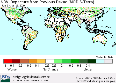 World NDVI Departure from Previous Dekad (Terra-MODIS) Thematic Map For 6/11/2020 - 6/20/2020